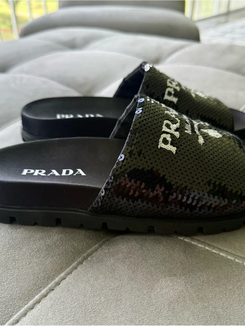 Prada Black Sequin Logo Slide Sandals